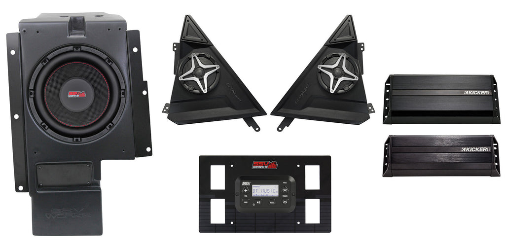 SSV Works SSV PNP 3 Speaker Kit for Polaris vehicles, featuring black speakers and mounting hardware.