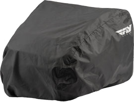 Fly Racing medium tank bag rain cover for luggage, shown on a motorcycle tank in the image.