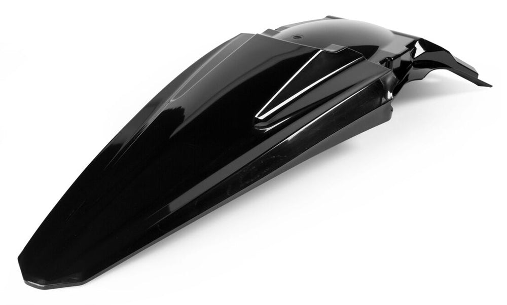 Acerbis black rear fender for motorcycles, showing its sleek, durable plastic design with mounting holes for easy installation.