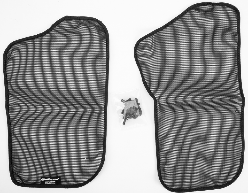 Polisport Plastics black radiator louvers mesh for motorcycle body, model 64-847421M, shown in a close-up image.