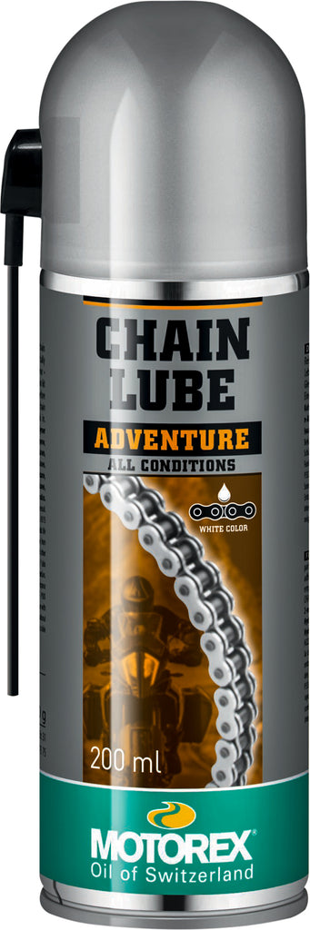 Motorex Chain Lube Adventure 200ml bottle, lubricating chain for off-road motorcycles or bicycles, with product label visible.