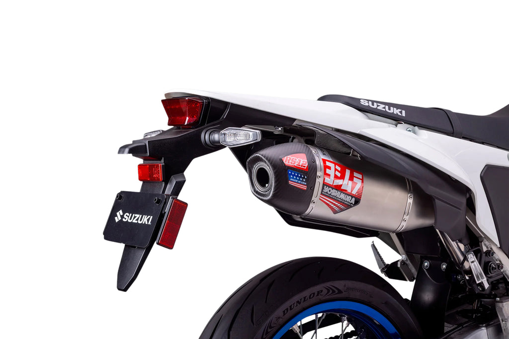 Yoshimura Street RS-12 slip-on exhaust for Suzuki motorcycles, featuring stainless steel construction and sleek design.