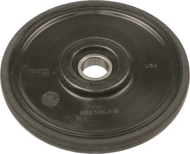 Black Ppd idler wheel, 5.63-inch diameter and 20mm width, designed for industrial machinery and equipment.