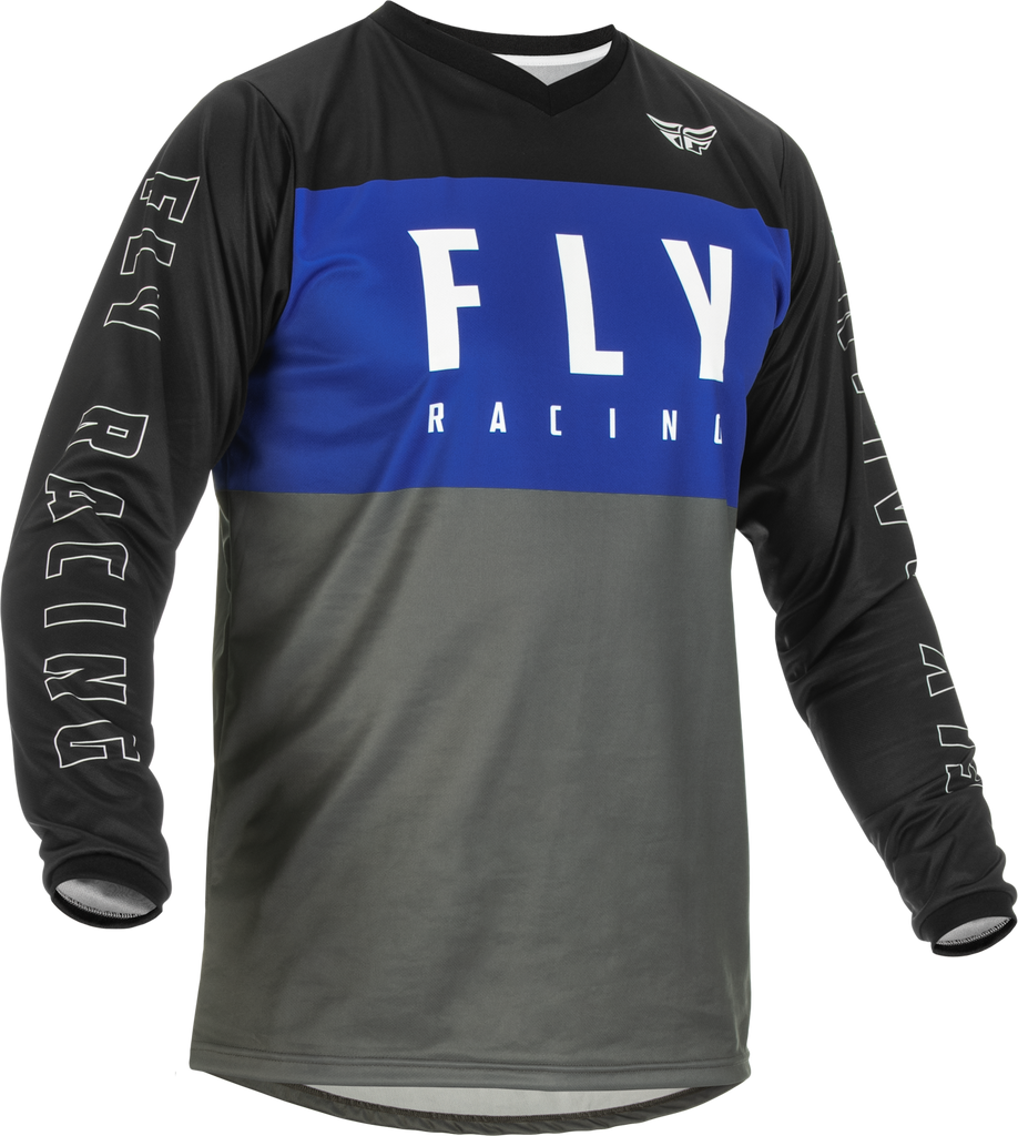 Fly Racing F-16 blue, grey, and black motocross jersey in large size, featuring breathable fabric and bold design.