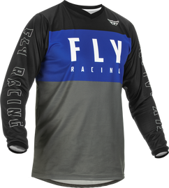 Fly Racing F-16 blue, grey, and black motocross jersey in large size, featuring breathable fabric and bold design.