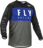 Fly Racing F-16 blue, grey, and black motocross jersey in large size, featuring breathable fabric and bold design.