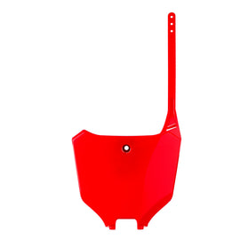 Red Polisport Plastics motorcycle number plate with black numbering, designed for HON models, mounted on a bike body panel.