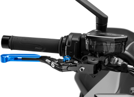 Blue PUIG Brake Lever 4.0 Fold and Extend for motorcycles, showcasing the ergonomic design and vibrant color.