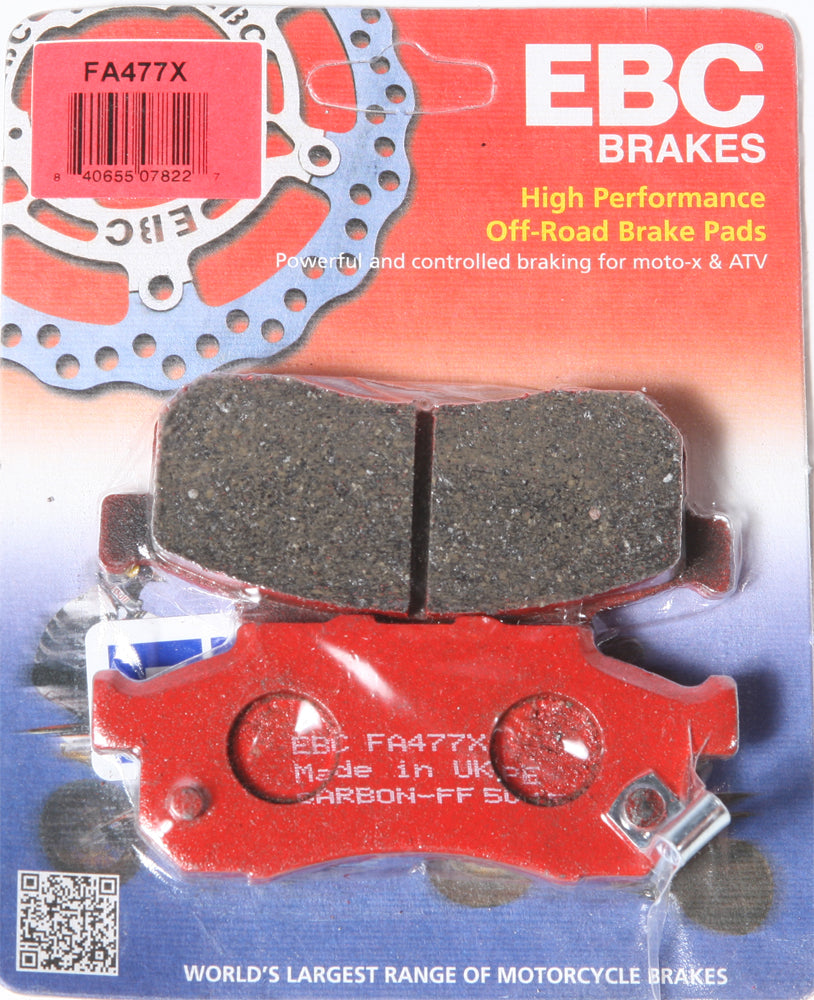 EBC Motorcycle Brakes Brake Pads 15-477X showing black brake pad with metal backing plate and EBC logo, designed for motorcycle braking systems.