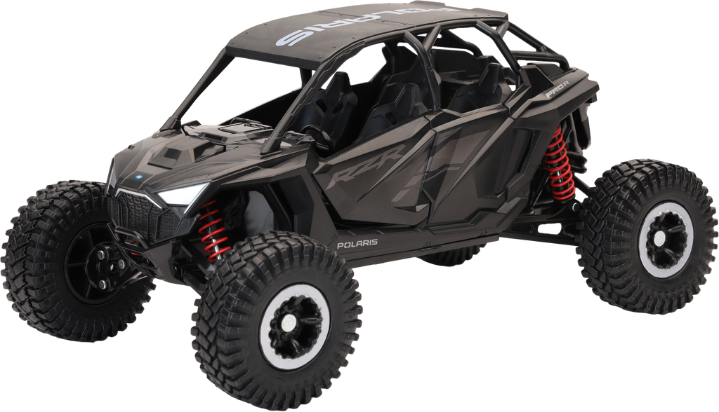 New Ray Toys 1:18 scale Polaris Rzr Pro R4 rock crawler accessory in stealth black with detailed rugged features.