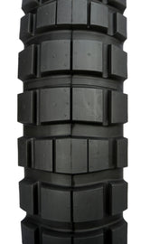 Shinko 805 dual sport rear motorcycle tire, 140/80-17 size, bias ply design, mounted on wheel, close-up view.