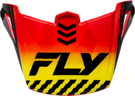 Fly Racing Kinetic Menace visor in red, black, and yellow colors, designed for motorcycle helmets, shown in the product image.