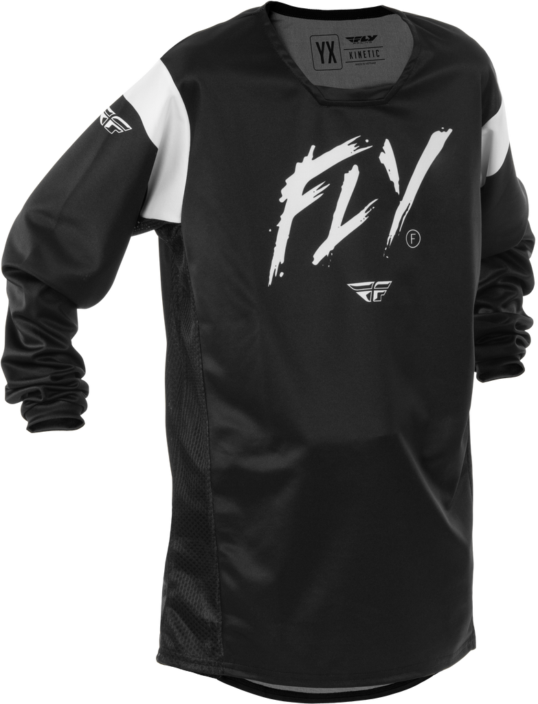 Fly Racing Youth Kinetic Stoke Jersey in black and white, featuring sporty design and breathable fabric for motocross riding.