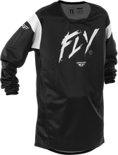 Load image into Gallery viewer, Fly Racing Youth Kinetic Stoke Jersey in black and white, featuring sporty design and breathable fabric for motocross riding.