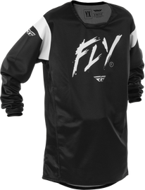 Fly Racing Youth Kinetic Stoke Jersey in black and white, featuring sporty design and breathable fabric for motocross riding.