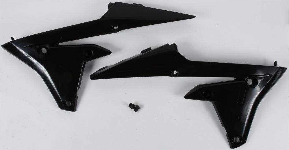 Acerbis black lower radiator shroud for motorcycle, showing the sleek, curved plastic design with mounting points.