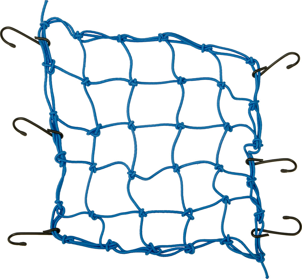 Blue Fire Power cargo net, 15x15 inches, with sturdy mesh and hooks for secure cargo transportation.