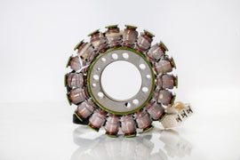 Ricks Motorsport Electric Stator 27-21418 for motorcycle electrical system, showing the metal coil and mounting plate.