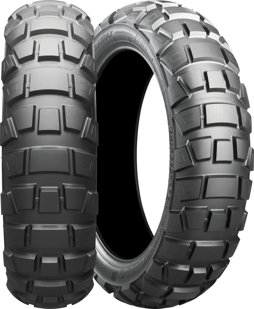 Bridgestone Battlax Advcross Ax41 motorcycle tire with 4.60-18 size and bias tire design, rear tire with tread pattern visible.
