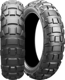 Bridgestone Battlax Advcross AX41 motorcycle tire with 130/80-18 bias ply design and tread pattern for off-road riding.