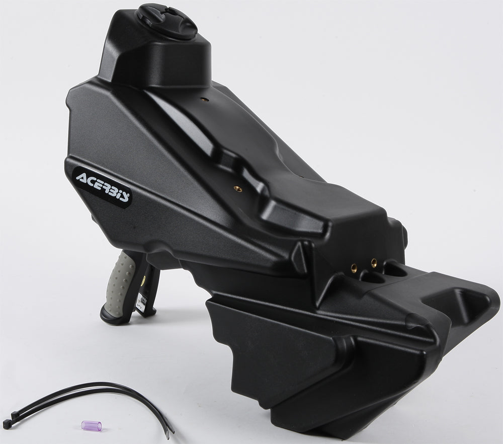 Black Acerbis 3-gallon fuel tank with cap, designed for motorcycles, featuring durable plastic construction and secure fitting.