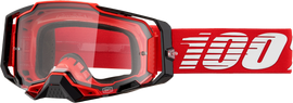 100-PERCENT Armega Goggle with red frame and clear lens, sport eyewear for enhanced visibility and protection during outdoor activities.
