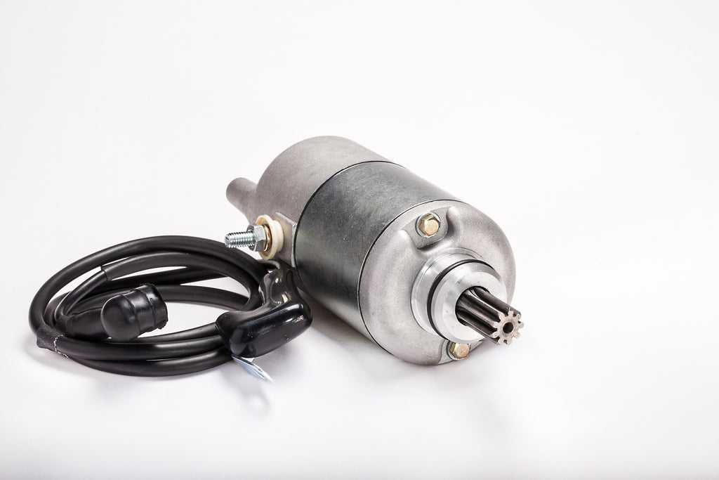 Ricks Motorsport Electric starter motor, model 27-61404, showing the compact electric starter with mounting components and wiring.