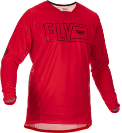 Fly Racing Kinetic Fuel jersey in red and black, size large, featuring breathable fabric and sporty design for motocross riding.