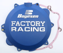 Load image into Gallery viewer, Boyesen Factory Racing clutch cover in blue, designed for motorcycles, featuring a sleek finish and branding details.