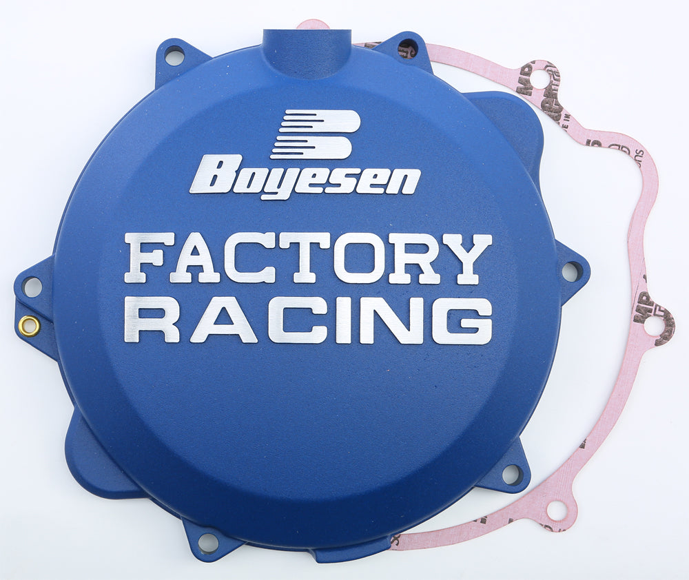 Boyesen Factory Racing clutch cover in blue, designed for enhanced performance, shown on a motorcycle engine component.