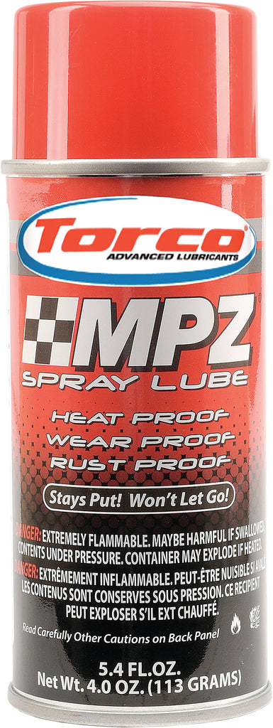 Torco MPZ Spray Lube 5.4oz bottle showing the black spray can with white and red labeling for engine and mechanical lubrication