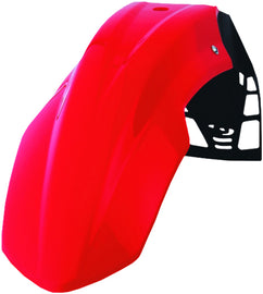 Red Polisport Plastics Free Flow UFX front fender for motorcycle, featuring a sleek design and durable plastic construction.