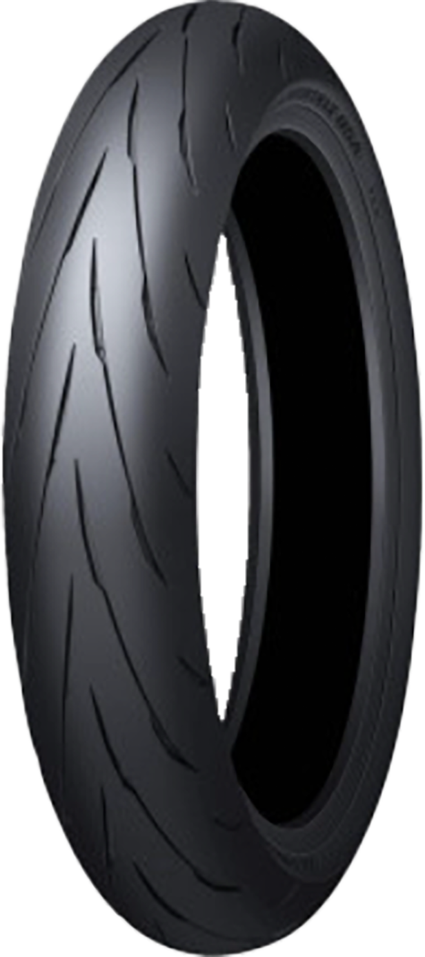 Dunlop Sportmax Q5a front motorcycle tire 120/70ZR17 radial tread, showing sidewall and tread pattern for sportbike use.