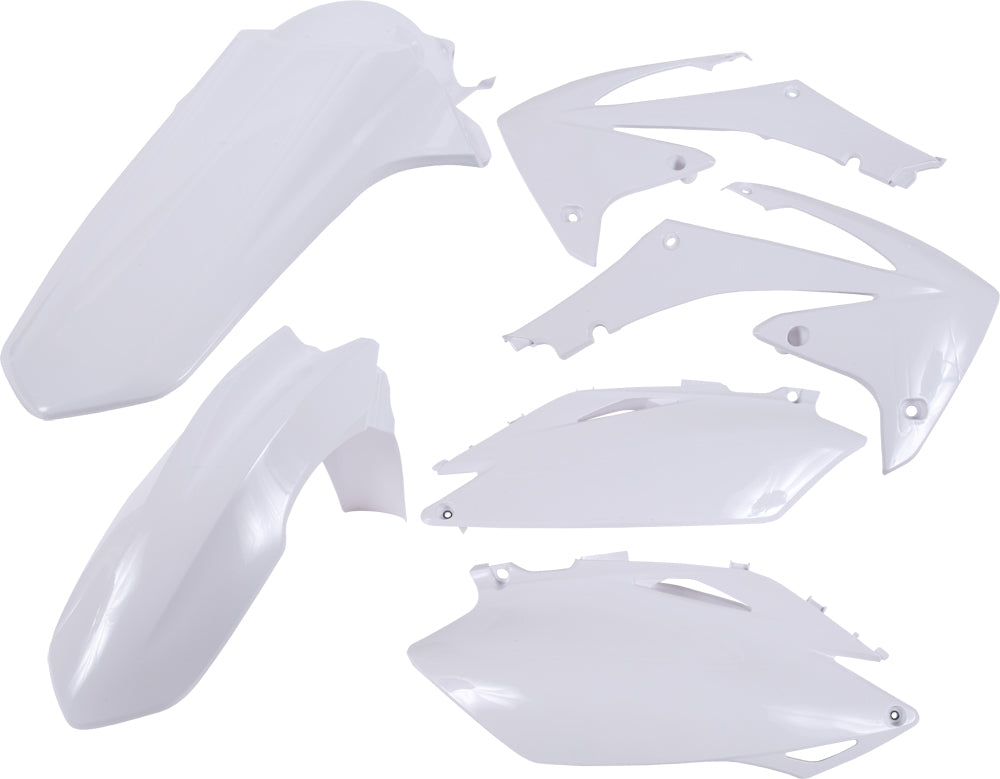 Acerbis white plastic kit with multiple panels and parts, displayed on a plain background, designed for motorcycle or dirt bike repair.