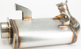 Straightline Performance exhaust muffler for Ski-Doo 900 Turbo, showing the sleek metal design and mounting components.