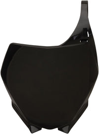 Acerbis black front number plate for Yamaha YZ250 dirt bike, featuring mounting holes and a sleek, durable design.