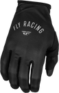 Fly Racing Women's Lite Gloves in black and light grey, XS size, featuring lightweight design and breathable fabric for riding comfort.