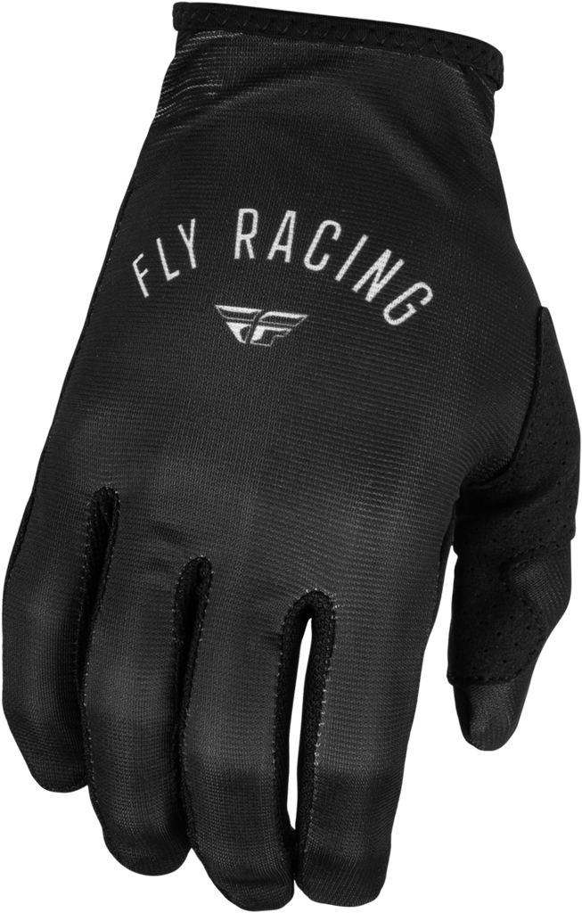 Black and light grey Fly Racing women's Lite gloves with textured palms and adjustable wrist straps.