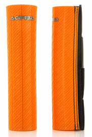 Acerbis orange fork guard for motocross or dirt bikes, showing close-up of the bright orange protective shield on the bike's front suspension.