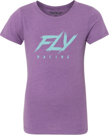 Fly Racing Girl's Fly Edge Tee in purple and yellow, featuring a casual fit and graphic design, displayed on a flat surface.