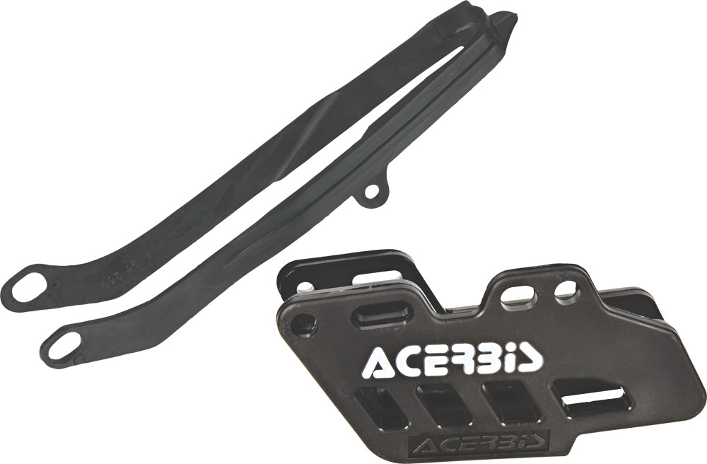 Acerbis black chain guide and slider for motorcycle, showing close-up of durable plastic component with mounting points.