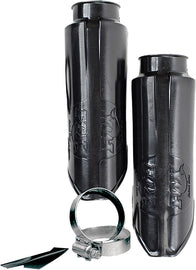 Pair of Fox Float Guards in black for suspension forks, shown on a bicycle component, providing protection and style.