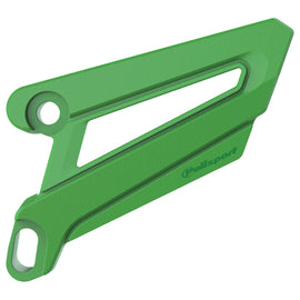 Polisport Plastics green front sprocket protector for Kawasaki bikes, designed to shield the front sprocket from debris.