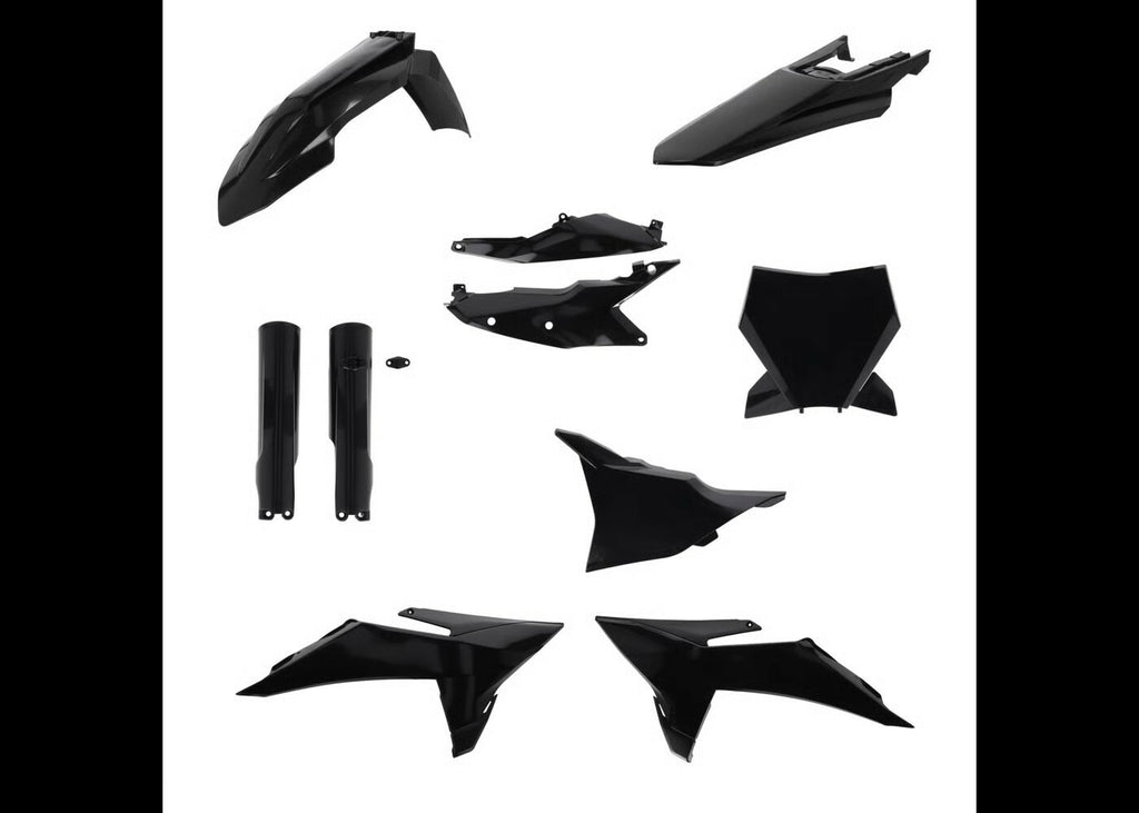 Acerbis black plastic body kit for KTM dirt bike, includes full set of durable plastic panels and body components.