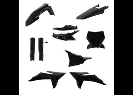 Acerbis black plastic body kit for KTM dirt bike, includes full set of durable plastic panels and body components.