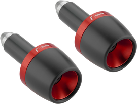 Pair of RIZOMA red bar ends for motorcycle handlebars, featuring sleek design and vibrant color.