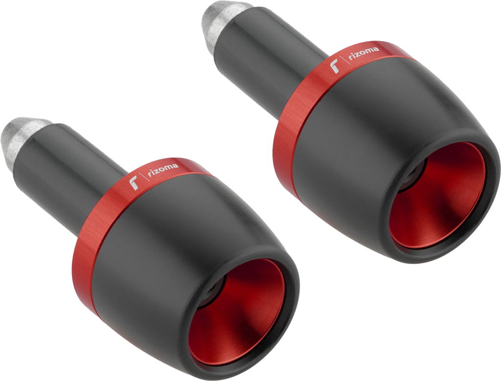 Pair of RIZOMA red bar ends for motorcycle handlebars, featuring sleek design and durable metal construction.