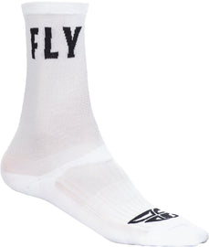 White Fly Racing Fly Crew Socks in size large/x-large, featuring breathable fabric and comfortable fit.