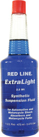 Red Line Oil Synthetic Suspension Fluid 2.5, 16 oz bottle with red cap and label, shown in a clear container.