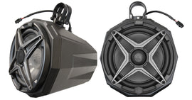 SSV Works 8-inch cage mount pod with SSV speaker, designed for 1.75-inch roll cage, mounted on off-road vehicle roll cage.